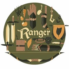 an illustration of a ranger surrounded by various items and words on a green background