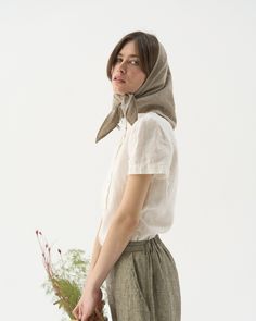 "Large triangular linen scarf. Perfect as a head cover up or elegant neck scarf, but the options are endless (see our suggestions in the photos). Offered in medium-weight and exclusive linen. DETAILS * Measurements: 70x70x99 cm (27.5x27.5x39\") * Model is wearing scarves in Natural, Fairy Pink and Smoke Green (medium-weight) linen. CUSTOMIZATION * Customization is possible, but such items are non-changeable & non-refundable * There is extra charge depending on the particular customization * If y Casual Linen Scarves For Summer, Plastelin Ideas, Linen Headbands, Summer Hair Scarf, Wearing Scarves, Edwardian Blouse, Ladies Head Scarf, Victorian Blouse, Linen Scarf