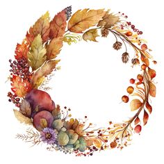 a watercolor wreath with autumn leaves and berries