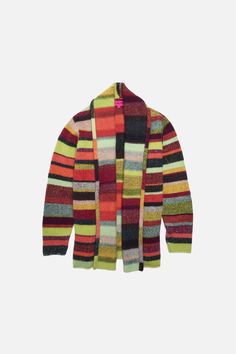 Cozy open cardigan with a relaxed fit. Long sleeve with a shawl collar, made from the softest cashmere. The stripe jacket combines 5 seasonal colors to make a unique stripe. Style the jacket with a tank or tee, and jeans. Knitting Machines, Elder Statesman, Striped Jacket, Open Cardigan, Red Light, Season Colors, Shawl Collar, Green Orange, Uganda