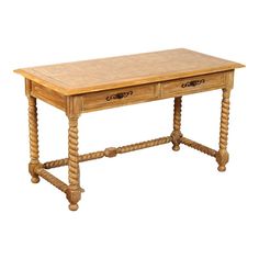 a wooden table with two drawers on one side and roped legs on the other