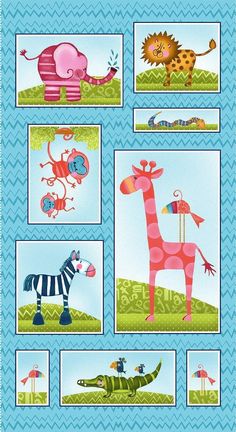 Silly Safari Light Teal Silly Squares Panel 24x 44/45  5947P-17 Alligator Print, Animal Sounds, Teal Fabric, Teal Background, Lion Print, Quilting Rulers, Holiday Fabric, Cat Fabric, Fabric Panel