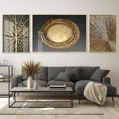 The 'Radiant Nexus' three-piece framed art set is a celebration of form, texture, and the interplay of light. Each piece is a manifestation of radiance, capturing the essence of golden luminescence in unique configurations. The left panel portrays a network of golden branches against a dark backdrop, suggesting the intricate beauty of natural fractals. The centerpiece is a golden orb, its circular form resonating with wholeness and unity, while the right panel offers a burst of golden lines eman Peisaj Abstract, Gold Foil Art, Square Wall Art, Modern Pictures, Modern Art Decor, Soyut Sanat Tabloları, Geometric Painting, Black Wall Art, Foil Art