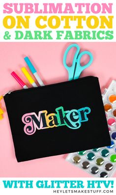 a black zipper bag with the word maker on it next to craft supplies and markers