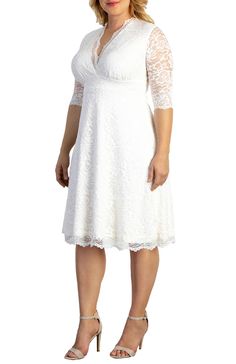 The Bella Lace A-Line Cocktail Dress is designed with elegant stretch scalloped lace, lined bodice and A-line skirt, and 3/4 length sleeves. Comes in a slightly off-white ivory hue. Perfect for showers, graduations and special occasion parties. Available in regular and plus sizes. -Material: Self: 94% Nylon, 6% Spandex/Lining: 92% Polyester, 8% Spandex -Care Instructions: Dry clean only. Do not steam. Cool iron when needed. -Product Fit: A-Line Product Specifications: -Soft stretch fabric, A-lin Frock Style, A Line Cocktail Dress, Review Dresses, Scalloped Lace, Ivory Lace, Plus Size Dress, Nordstrom Dresses, Fit Flare Dress, Fit & Flare