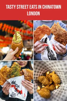 some food that is in different pictures with the words tasty street eats in chinatown london