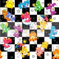 colorful teddy bears on black and white checkered background