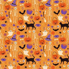 halloween seamless pattern with cats, pumpkins and skeletons on an orange background photo