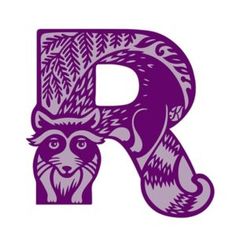 the letter r is decorated with an animal's head and leaves in purple on a white background