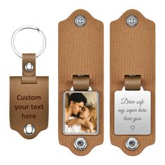 two brown luggage tags with a couple's photo attached to the front and back