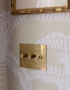 a bathroom with a gold light switch on the wall next to a mirror and palm leaf print wallpaper