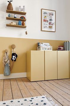 a room with yellow walls and wooden floors