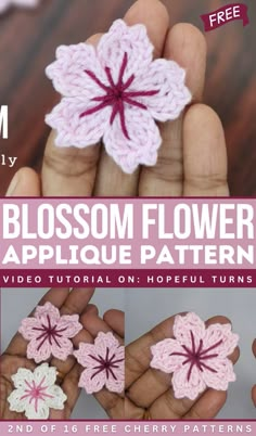 crochet flower applique pattern in pink and white with text overlay that says blossom flower applique pattern