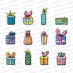 different colored gift boxes with bows and ribbons on them, all drawn in one line