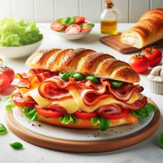 a sandwich with ham, cheese and tomatoes on a white plate next to bread rolls