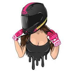 a woman wearing a motorcycle helmet and pink paint drips on her face as she stands in front of a white background