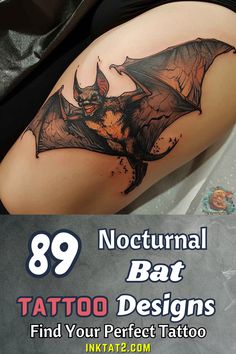 a bat tattoo is shown on the back of a woman's arm with text overlay