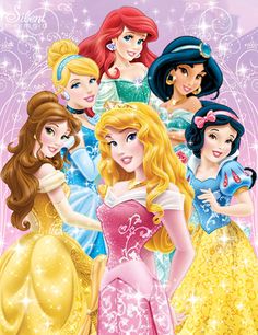 the disney princesses are standing together in front of a castle