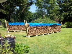 several stacks of firewood stacked on top of each other in a yard with blue tarp over them