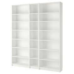 an empty white bookcase with shelves on the front and back sides, isolated against a white background