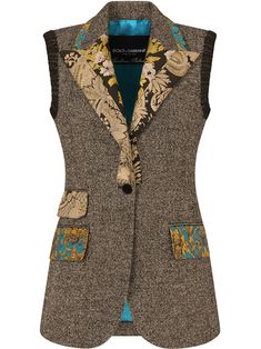 Grey virgin wool blend micro-pattern wool vest from DOLCE & GABBANA featuring peak lapels, sleeveless, front button fastening, satin lining, English rear vents, micro pattern and jacquard detailing. | Dolce & Gabbana Micro-Pattern Wool Vest Creative Jackets, Long Blazer Vest, Tory Burch Perry Tote, Yellow Blazer, Clothes Tops, Striped Swimsuit, Wool Vest, Upcycled Denim