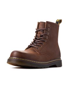 Looking for a boot that combines style and functionality? Look no further than our British Retro High-Top Leather Motorcycle Martin Men's Boot. 👞 Style Meets Versatility: These Martin boots are not just shoes; they're a style statement. With a classic plain pattern available in black and brown, they effortlessly elevate your fashion game. Plus, they're suitable for all seasons – from chilly winters to breezy springs. 🚀 Comfortable Every Step of the Way: Say goodbye to painful feet. Our lace-up Durable Leather Lace-up Combat Boots, Waterproof Leather Lace-up Martin Boots, Goodyear Welt Martin Boots With Round Toe For Outdoor, Outdoor Martin Boots With Goodyear Welt And Round Toe, Lace-up Moto Boots For Outdoor Work In Fall, Fall Outdoor Work Lace-up Moto Boots, Fall High-top Steel Toe Moto Boots, Fall High-top Moto Boots With Steel Toe, Steel Toe High-top Moto Boots For Fall