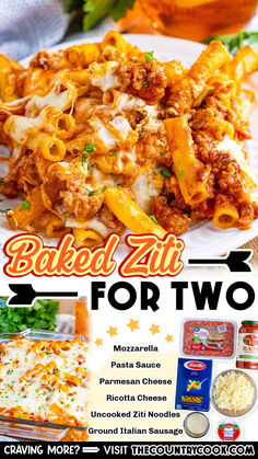 an advertisement for baked zit for two with pasta and cheese on the plate in front