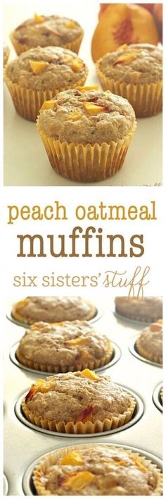 peach oatmeal muffins in a muffin tin with text overlay