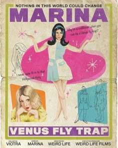 an advertisement for the venus fly trap, featuring a woman in a white dress with her arms outstretched