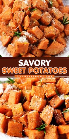 A Thanksgiving dinner recipe for oven roasted sweet potatoes! It's a Thanksgiving side dish to impress. Flavored with rosemary and parmesan, these Savory Sweet Potatoes are absolutely delicious! Savory Sweet Potato Recipes Side Dishes, Parmesan Roasted Sweet Potatoes, Oven Roasted Sweet Potato Recipes, Savory Roasted Sweet Potatoes, Savory Sweet Potatoes, Roasted Sweet Potato Recipes, Sweet Potato Rosemary Recipes, Roasted Parmesan Herb Sweet Potatoes, Diced Roasted Sweet Potatoes