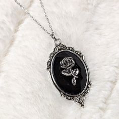 Gothic Rose On Black Cabochon Crystal Oval Charm On A Silver Necklace Comes On A 16 Inch Stainless Steel Necklace With A Lobster Clasp And 1.5 Inch Extension Chain Black Necklace Elegant, Gothic Necklaces, Black Crystal Necklace, Black Diamond Pendant, Dark Jewelry, Gothic Rose, Gothic Necklace, Halloween Inspo, Nice Outfits