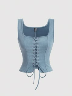 Solid Color Women's Cross Strap Camisole Baby Blue Casual   Knitted Fabric Plain Tank Slight Stretch  Women Clothing, size features are:Bust: ,Length: ,Sleeve Length: Outing Outfit, Corset Fashion, Fashion Top Outfits, Denim Corset, Women Tank Tops, Fashion Design Clothes, Girly Outfits, Denim Fashion, Fashion Online Shop