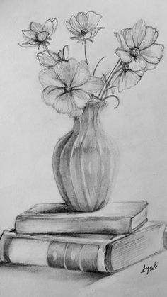 a pencil drawing of flowers in a vase on top of two books with the rest of the book behind it