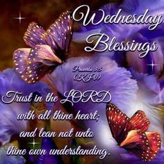 purple flowers and butterflies with the words wednesday blessing