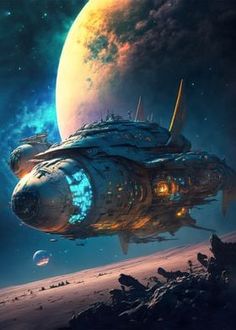 a sci - fi space ship floating in front of an alien planet