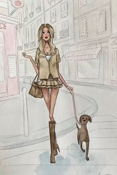 a drawing of a woman walking her dog