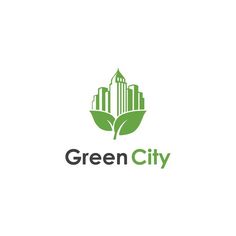 the green city logo is shown on a white background, with buildings in the distance