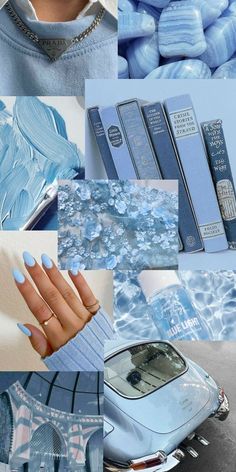 a collage of blue and white images with different nail polish colors on them, including nails