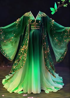 Green Kimono Aesthetic, Simple Fantasy Outfits, Green Kimono Outfit, Business Casual Outfit Ideas, Chinese Gown, Chinese Kimono, Formal Business Attire, Chinese Fancy Dress, Traditional Asian Dress