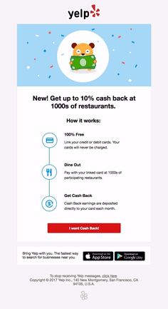 an advertisement for a restaurant called yelp, with the words new get up to 10 % cash back at 100 % of restaurants