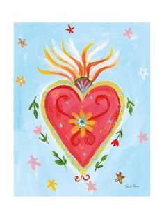 a painting of a heart with wings and flowers around it on a blue sky background