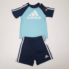 Adidas Stripe Shirt & Shorts 2-Piece Outfit Sz 12m, Hazy Sky Color New With Tags Ships From Smoke Free Pet Free Home Reborn Clothes, Adidas Set, Black Tracksuit, Toddler Jacket, Adidas Tracksuit, Youth Clothing, Adidas Crop, Sky Color, Adidas Girl