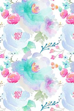 watercolor flowers on white background with blue, pink and green leaves in the middle