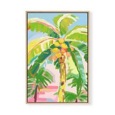 a painting of a palm tree in front of a blue sky