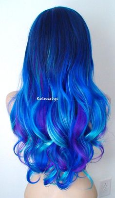 Galaxy Hair Color, Blue And Purple Hair, Hairstyle Wavy, Blue Ombre Hair, Side Bangs Hairstyles, Ombre Wig, Blue Wig, Center Part