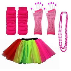 a set of neon colored accessories including gloves, bracelets, and necklace with beads