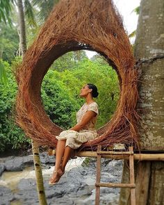 a woman sitting on top of a wooden ladder next to a tree filled with branches