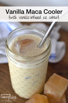 vanilla maca cooler in a mason jar with ice cubes