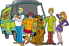 an image of cartoon characters standing in front of a van with the words scooby - tin on it