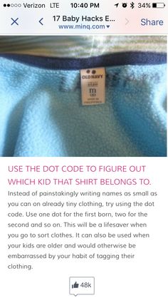 a blue shirt with a tag on it that says, use the dot code to figure out which kid that shirt belongs to